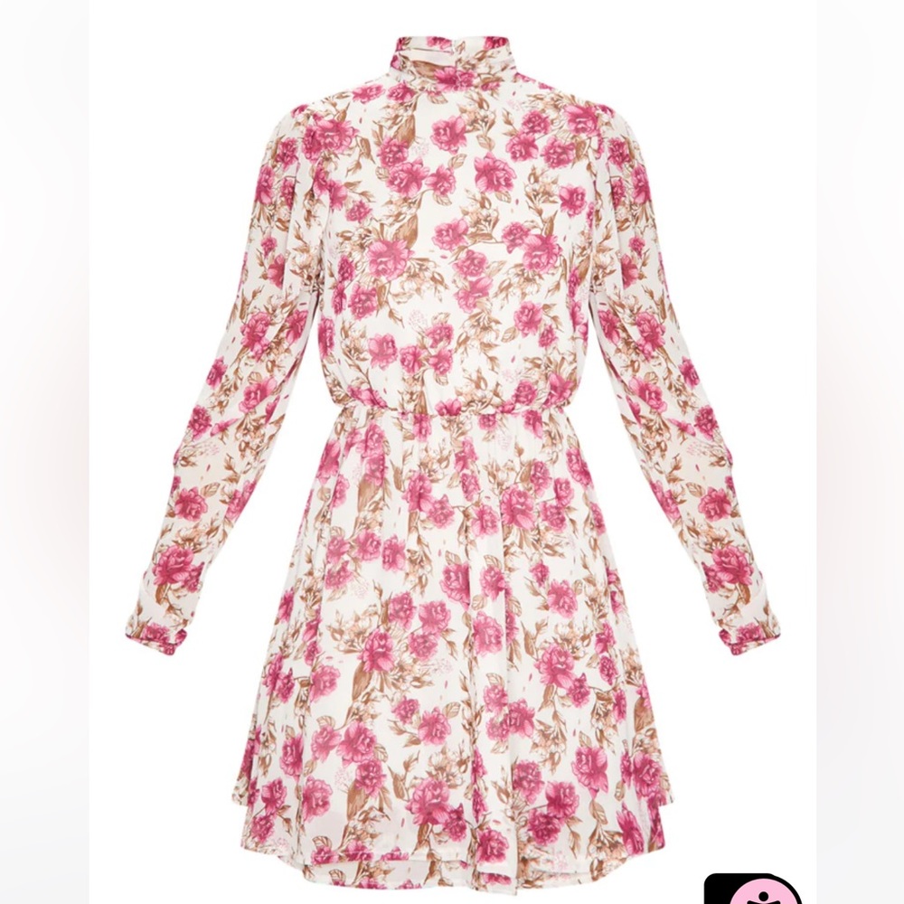 PrettyLittleThing Floral Print High Neck Chiffon Skater Dress